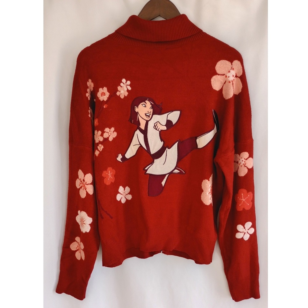 Disney Mulan Zip Up Cardigan Sweater Mushu Khan Floral Womens 2X red Orange Fall